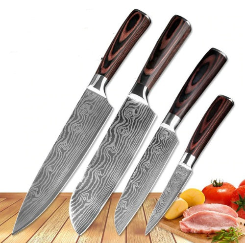 Damascus Pattern Kitchen Knife Set – 7Cr17 Steel, Colored Wood Handle, Singles & Sets