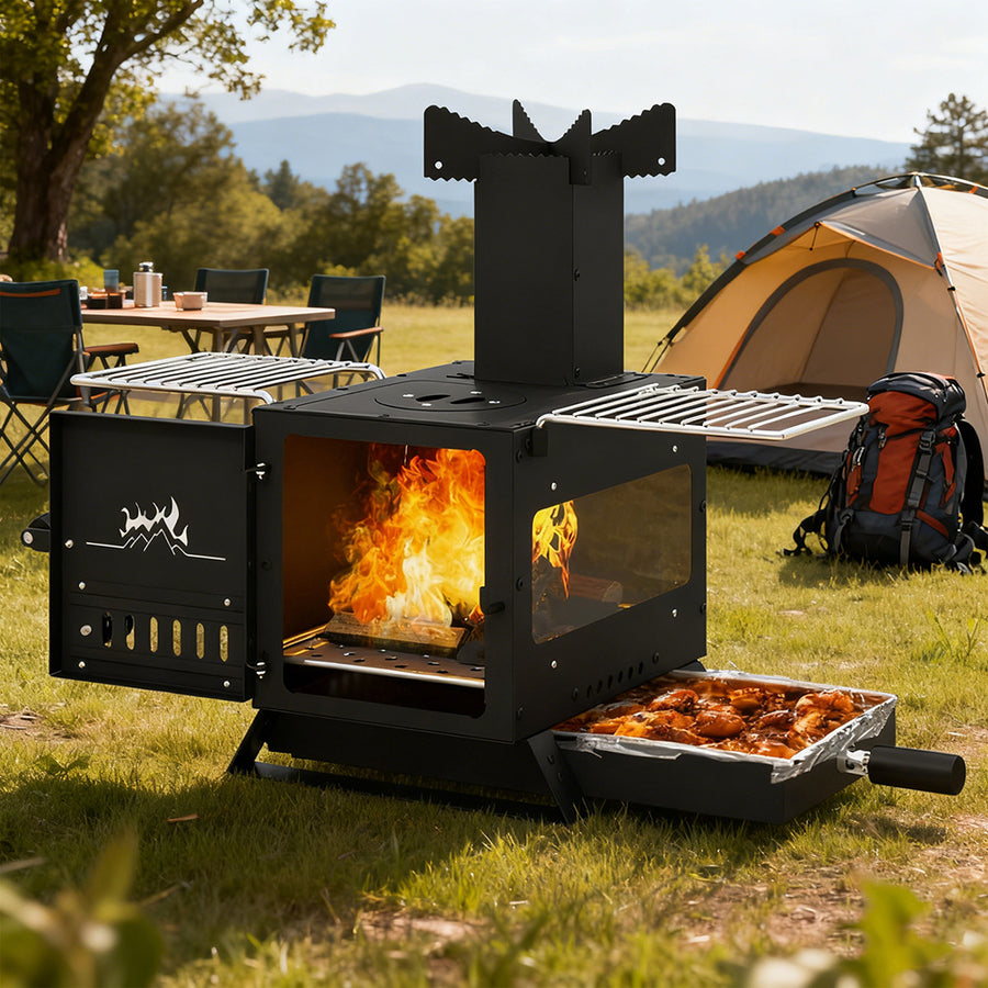 Portable Wood-Burning Camp Stove & Heater – Triple Cook Zones, Folding Side Grills, 15 lbs