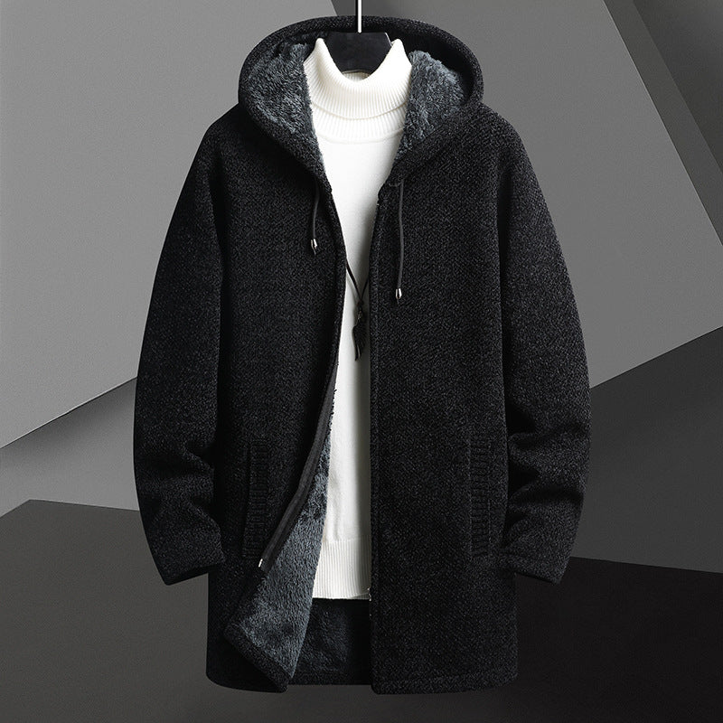 Men's Fleece-Lined Zip-Up Hoodie Cardigan – Mid-Length Winter Sweater