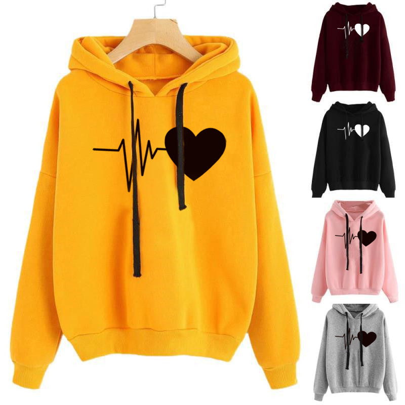 Women's Heart Print Streetwear Hoodie – Fleece-Lined Pullover Sweatshirt