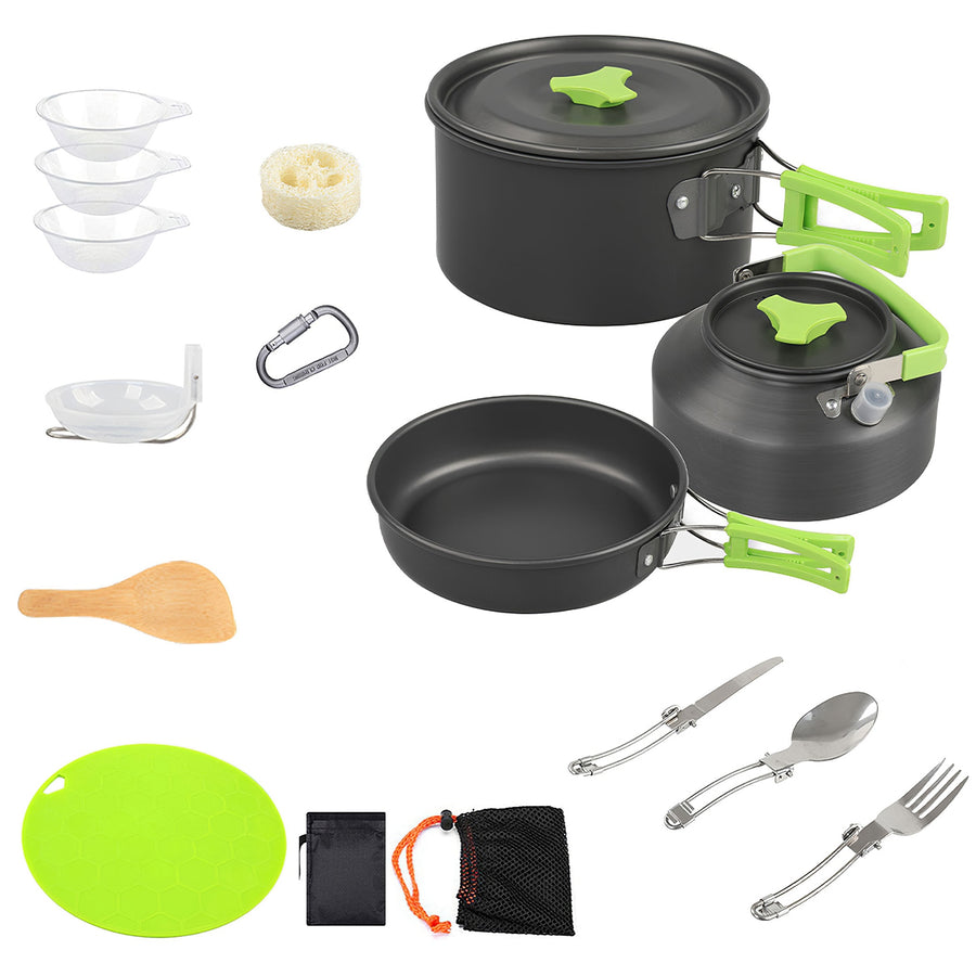 16-Piece Camping Cookware Set – Anodized Aluminum, 1.98 lbs, Serves 2–3, Green
