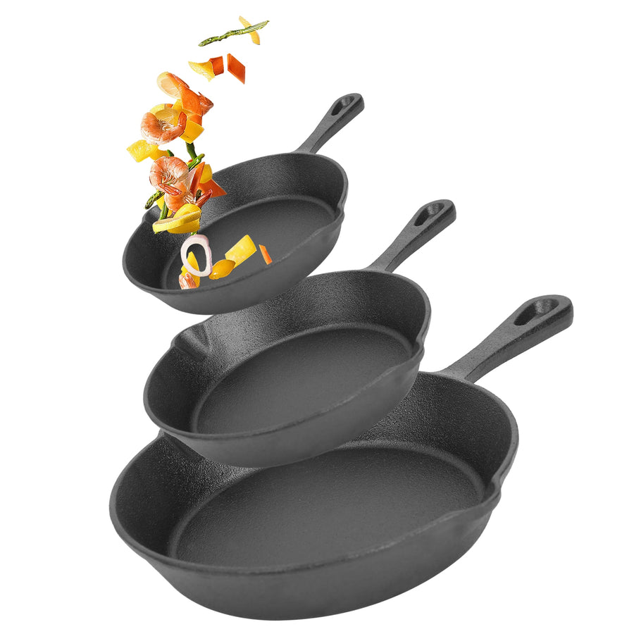 Pre-Seasoned Cast Iron Skillet Set 3-Piece 6" 8" 10" Non-Stick Oven Safe