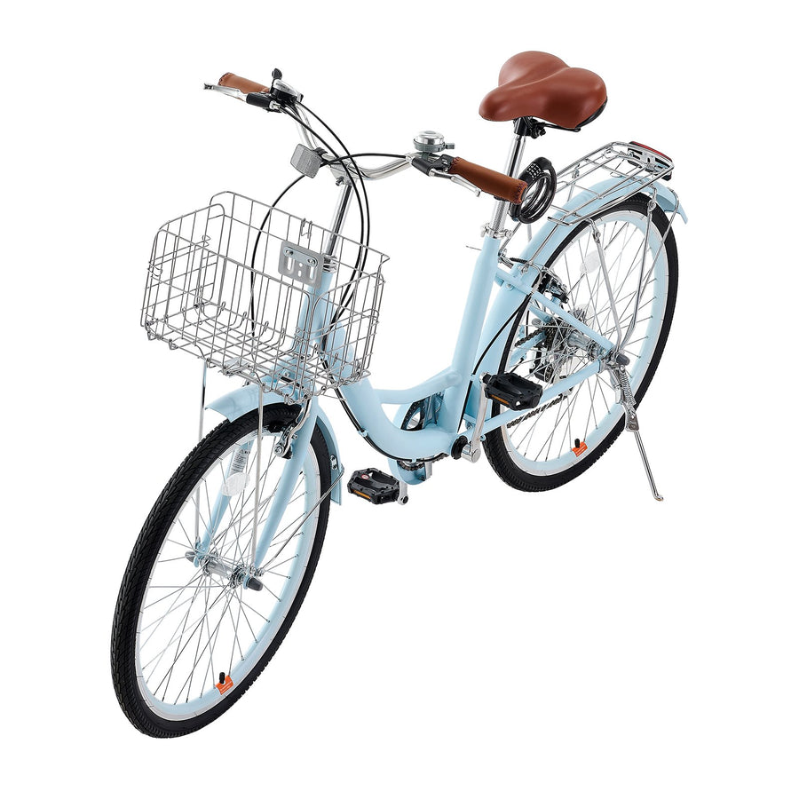 Women's 24" Beach Cruiser Bike – 7-Speed, Basket & Rack, Light Blue