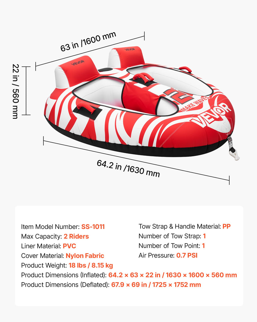 2-Rider Inflatable Towable Boat Tube, 340 lb Capacity