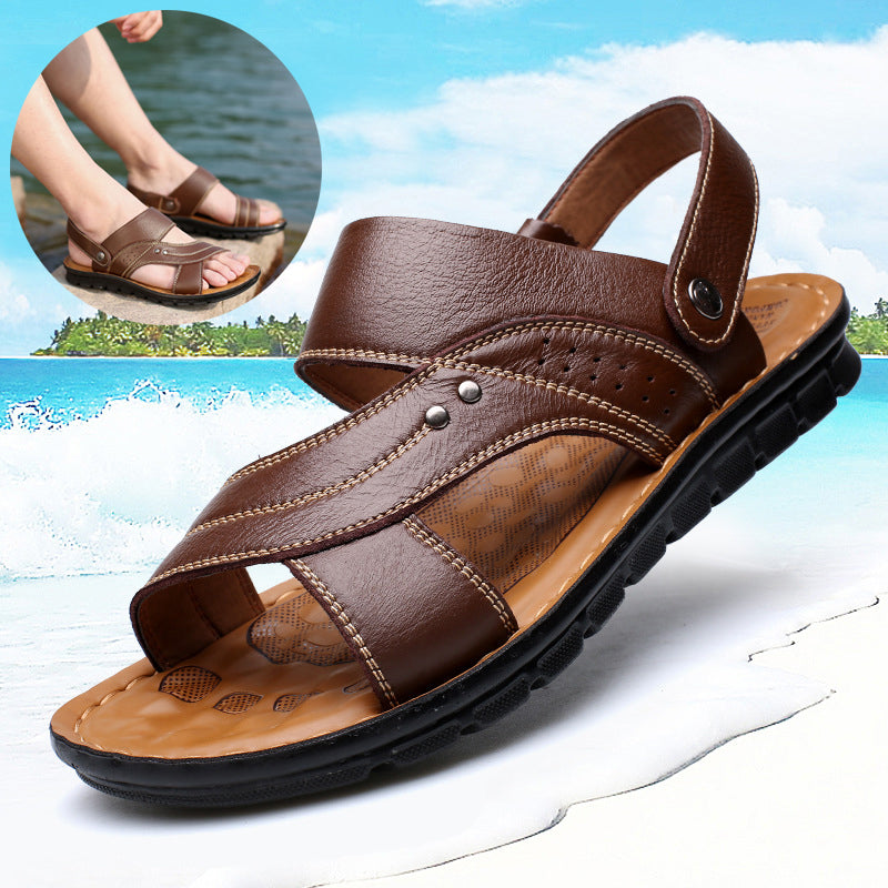 Men's Genuine Leather Sandals – Adjustable Back Strap Summer Beach Shoes