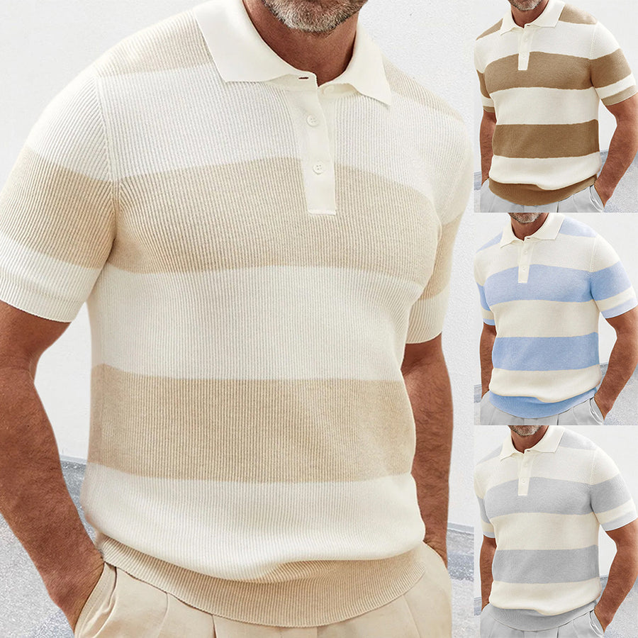 Men's Short Sleeve Lapel Color Block Sweater Top