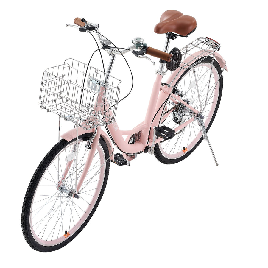 Women's 26" Beach Cruiser Bike – 7-Speed, Basket & Rack, Powder Pink