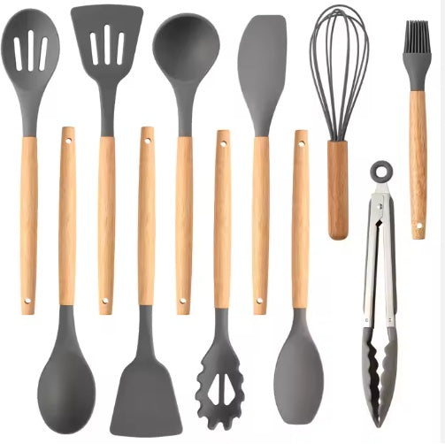 12-Piece Silicone Kitchen Utensil Set – Wooden Handles, Non-Stick Safe, Gray