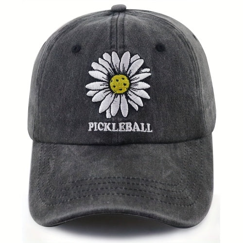 Women's Pickleball Baseball Cap – Embroidered Daisy, Adjustable | Black