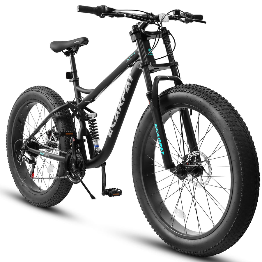 26" Full-Suspension Fat Tire Mountain Bike – 21-Speed Shimano, Disc Brakes, Black
