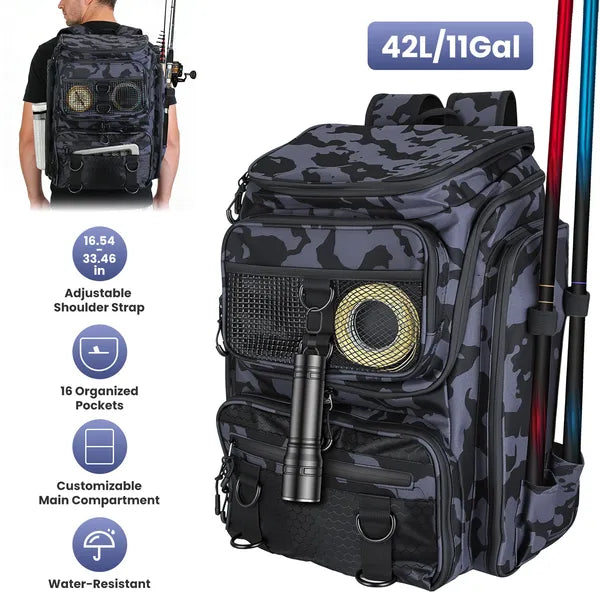42L Fishing Backpack – 16-Pocket Tackle Bag with Rod Holders, Water-Resistant
