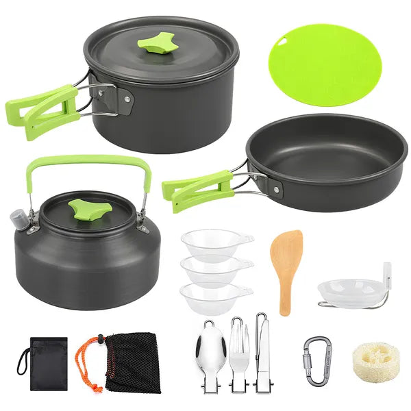 16-Piece Camping Cookware Set – Aluminum Pot, Pan & Kettle, Bowls, Cutlery & Carry Bag