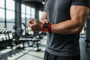 Athlete wrapping red light infrared therapy band around wrist after workout