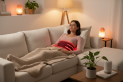 Person wearing cordless red light therapy belt on couch at home