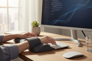 Hands typing on keyboard with memory foam wrist rest at modern desk