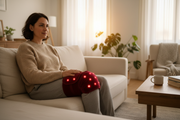Person wearing red light therapy knee pad at home