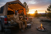 Couple relaxing inside pickup truck bed tent at campsite at sunset