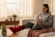 Person wearing red light ankle therapy wrap at home