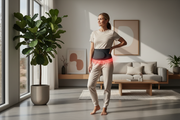 Person wearing electric red light waist support belt at home