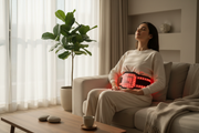 Person wearing red light therapy belt on lower back at home