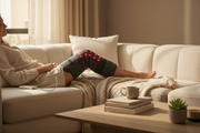 Person wearing infrared light therapy knee pad on couch at home