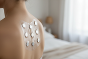 EMS therapy adhesive patches applied to back and shoulder