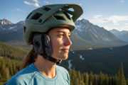 Person wearing helmet with memory foam liner pad insert outdoors