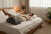 Person resting legs on memory foam leg rest pillow on bed