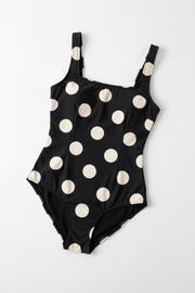 Women's black retro polka dot one-piece boxer swimsuit – product shot