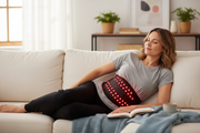 Person wearing red light therapy belt around lower back at home