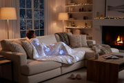 Person wrapped in crystal soft electric blanket on cozy couch