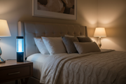 Electric mosquito killer lamp glowing blue on bedside table at night