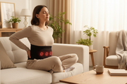 Person wearing far infrared red light massage belt at home
