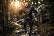Athlete wearing black waterproof Oxford training jacket outdoors