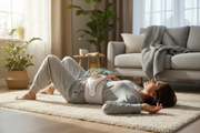 Person using lumbar decompression therapy device on lower back at home